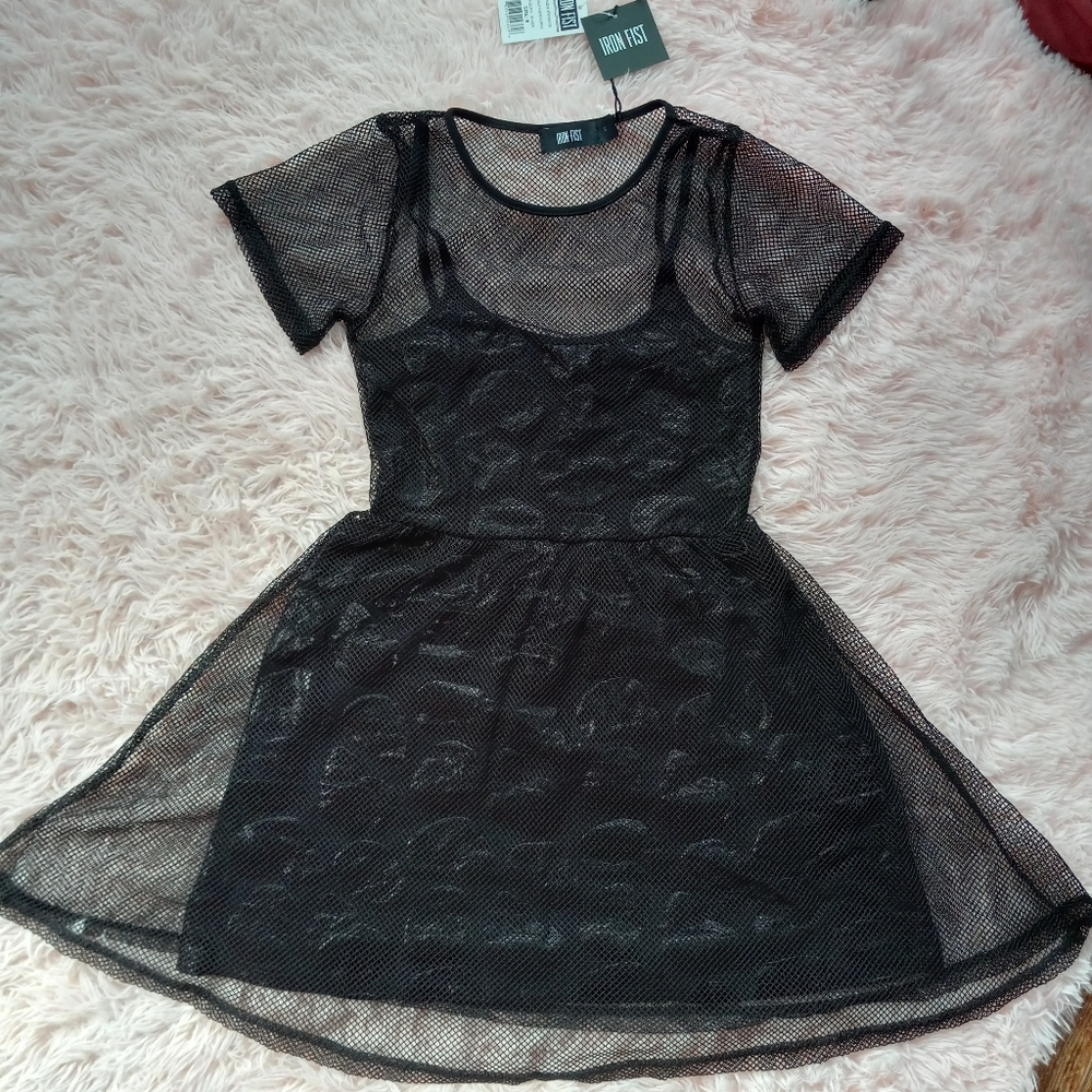 😵Fishnet overlay iron fist babydoll style "Skullz Club Mini Dress" ☠ Gothic nwt - Picture 7 of 16